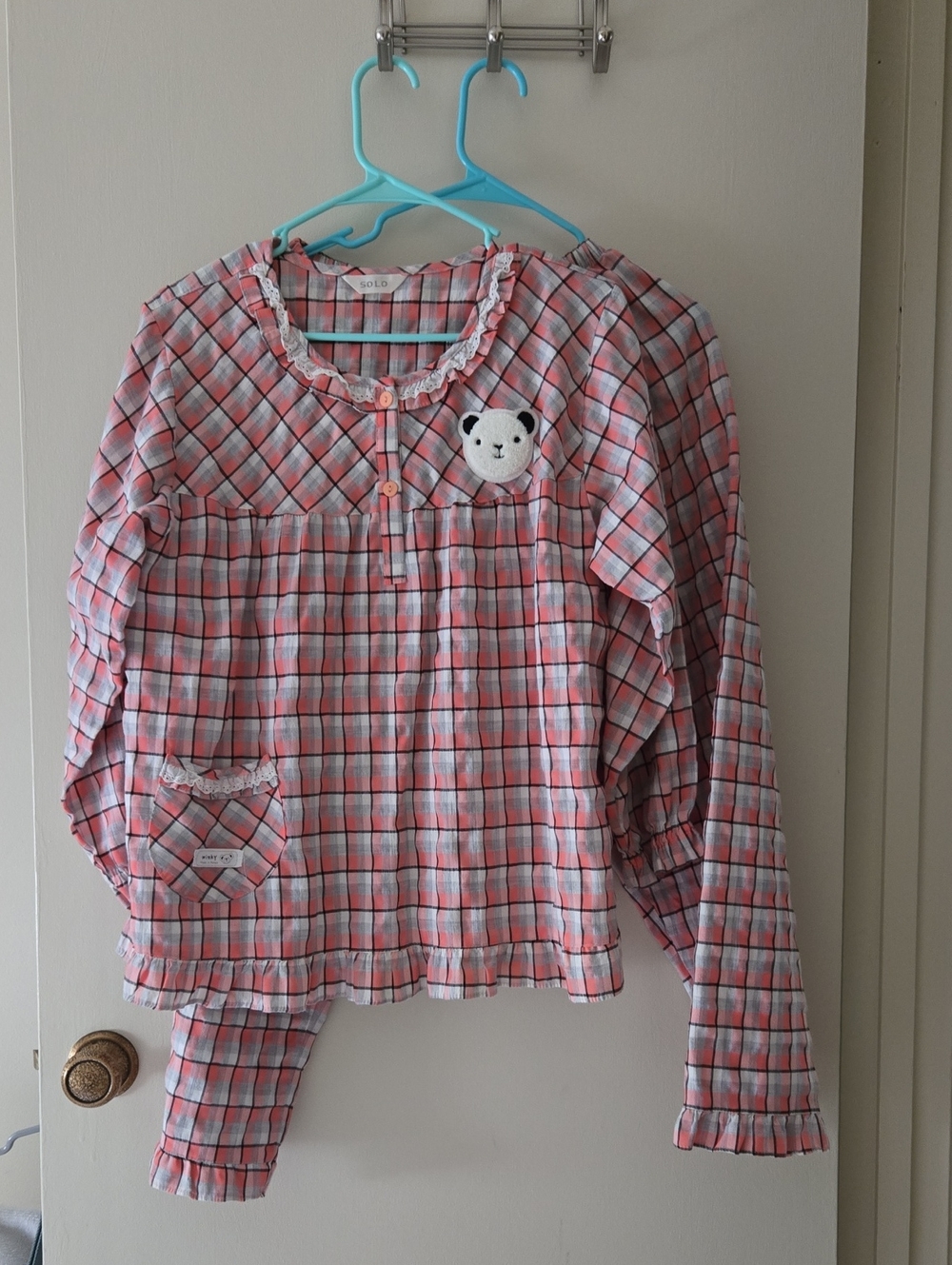 Orange Plaid Long-Sleeve Pajama Set with Bear Patch S